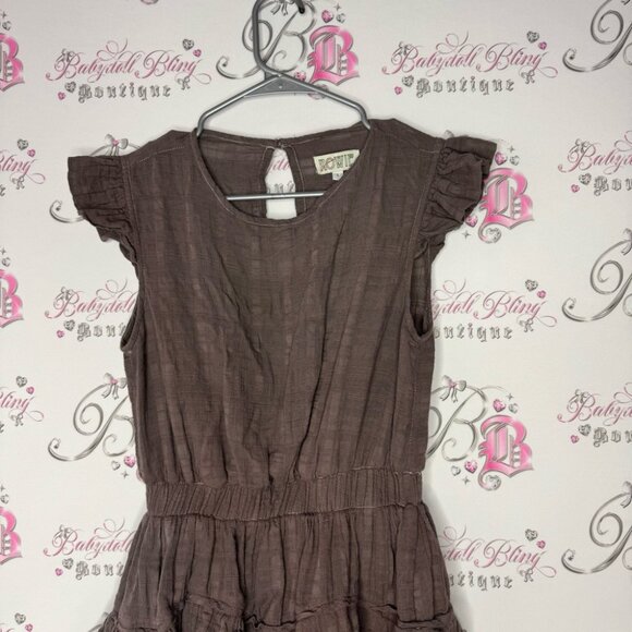 Rowie dress ruffle frill brown linen style lightweight keyhole button opening - Picture 2 of 9